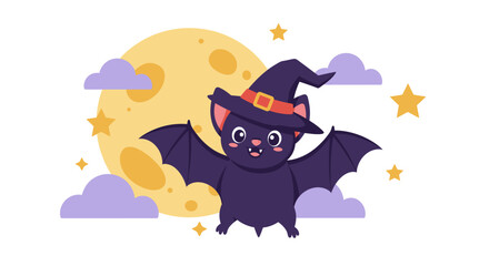 Cute Bat with Witch Hat – Flat Halloween Vector