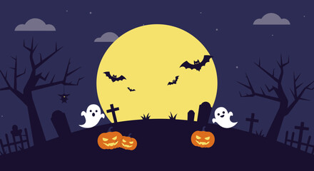 Flying Bats and Full Moon Vector Silhouette