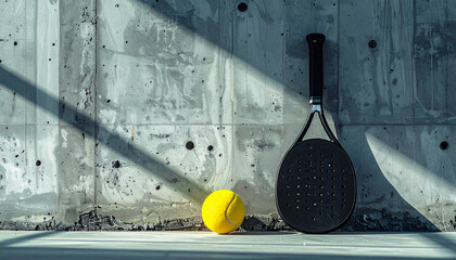 Minimalist photo of a padel leaning against a textured concrete wall Background
