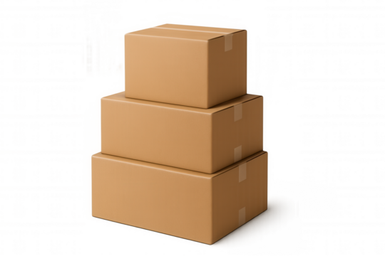 Stacking brown cardboard boxes for shipping, moving, delivery, packaging and cargo logistics on transparent background