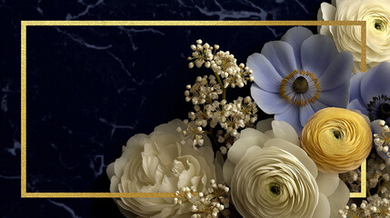 Elegant Floral Background with Gold Frame and Luxury Flowers on Dark Marble