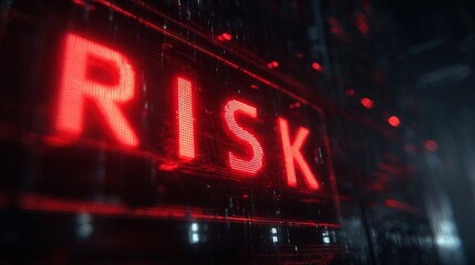 A bold red digital display highlighting the word 'RISK,' conveying a sense of urgency and caution in a tech-themed environment.