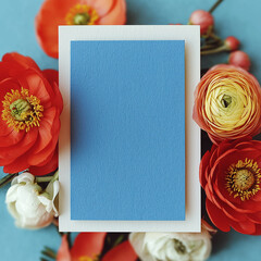 Floral Card Mockup with Red and Yellow Ranunculus on Blue Background