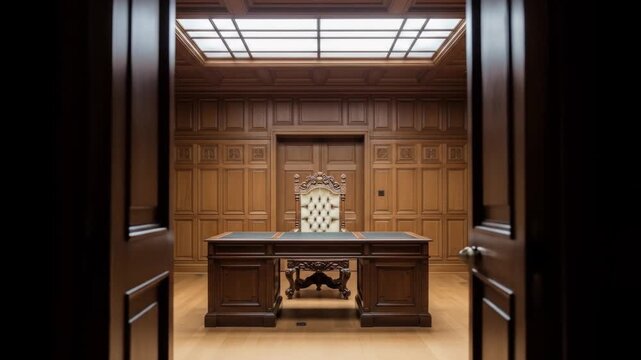 A magnificent, traditional wooden office interior with an imposing antique desk, exuding an aura of authority, power, and timeless elegance, framed by open double doors