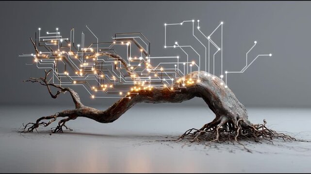 Green Compute Platform. Cloud computing innovation. Future tech infrastructure. AI optimization. Sustainability innovation. A stylized tree branch intertwined with glowing circuit designs.
