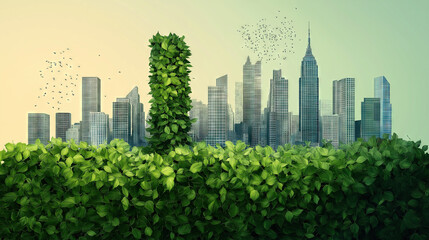 Harmonious scene of urban green vegetation, high-rise buildings, and bird flocks for environmental promotion and urban planning