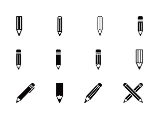 Pencil and Writing Implement Vector Icons: Graphite Pencils, Pens. Creative, Educational, Office Supplies, Stationery Visuals. Outline & Solid Black.