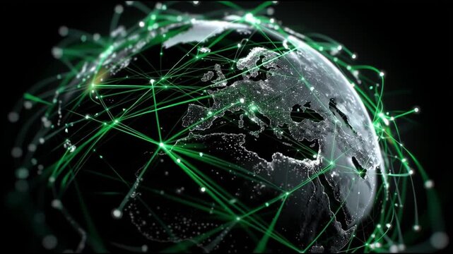 Green Compute Platform. Cloud computing innovation. Future tech infrastructure. AI optimization. Sustainability innovation. A digital rendering of a globe with green network lines connecting regions.