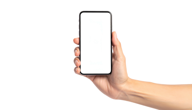 Hand holding a modern smartphone with a blank white screen against a black background