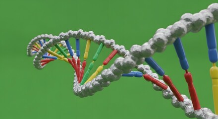 Colorful DNA Double Helix Model on Green Background.