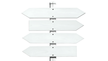White wooden signpost with four blank arrows pointing in different directions on black