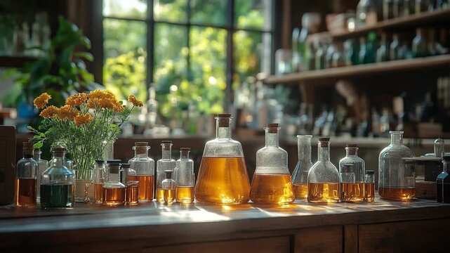 Sunlit Alchemist Laboratory with Various Elixirs and Herbs.