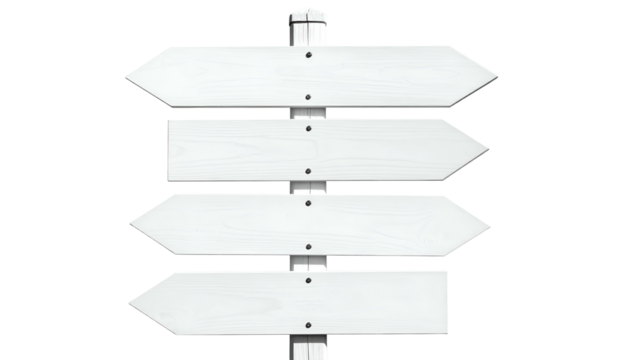 White wooden signpost with four blank arrows pointing in different directions on black