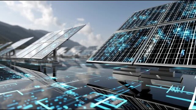 Green Compute Platform. Cloud computing innovation. Future tech infrastructure. AI optimization. Sustainability innovation. A row of solar panels reflecting blue digital patterns.