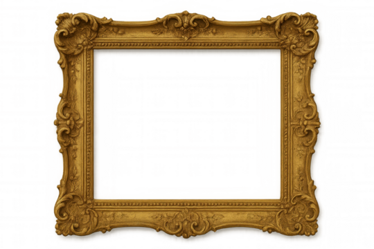 Ornate gold picture frame with baroque rococo style, antique vintage border element having transparent background