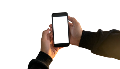 Two hands holding a blank smartphone, screen facing the viewer, set against a black background