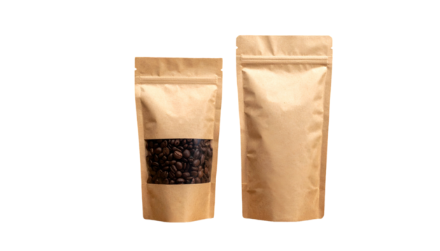 Two kraft paper bags with clear windows on black background. One filled with beans - Powered by Adobe