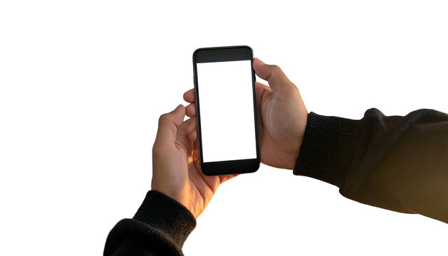 Two hands holding a blank smartphone, screen facing the viewer, set against a black background