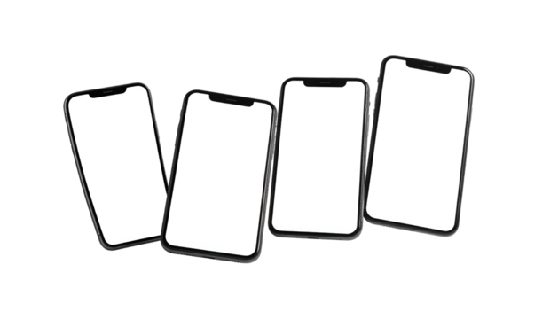Four isolated, modern smartphones with blank white screens against a black background