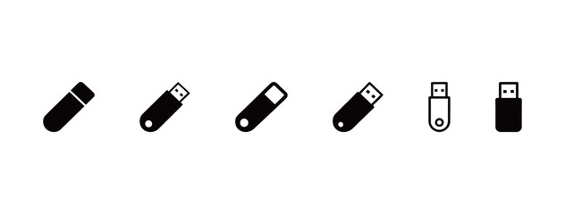 Simple USB Flash Drive and Portable Memory Stick Icons Set in Solid Black Silhouette and Outline Styles for Data Storage, Technology, and Digital Transfer Graphic Resources