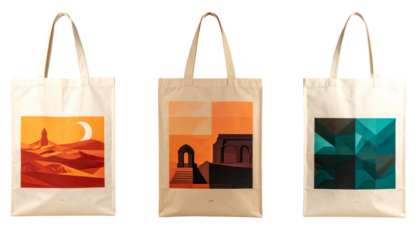 Three canvas tote bags with geometric artwork of a desert scene, building, and abstract design