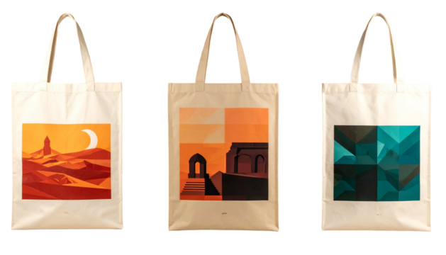 Three canvas tote bags with geometric artwork of a desert scene, building, and abstract design