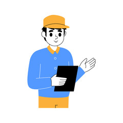 Delivery Man in Blue Shirt Yellow Cap Holding Clipboard With a Serious Expression and Transparent Background Ready for Work