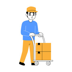 Delivery Man Pushing Hand Truck Loaded With Cardboard Boxes Wearing Blue Shirt And Yellow Cap And Trousers Against Transparent Background