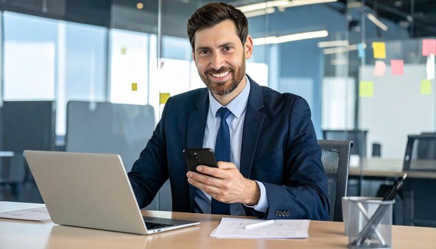 Smiling man multitasking at his desk, using smartphone while working on laptop in modern office with professional atmosphere