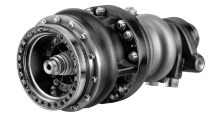 Complex silver metal mechanical object with symmetrical circular patterns