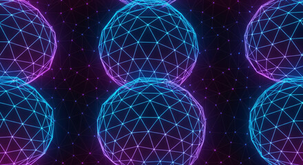 Abstract glowing neon digital spheres connected by intricate geometric lines and dots against a dark starry background creating a futuristic network concept