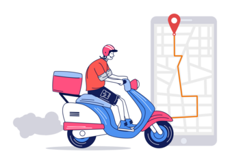 Delivery Scooter Rider Navigating with GPS Tracking App on Transparent Background in Flat Design Style With Red Pink Blue White Colors