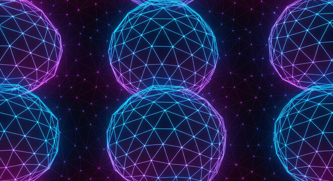 Abstract glowing neon digital spheres connected by intricate geometric lines and dots against a dark starry background creating a futuristic network concept - Powered by Adobe