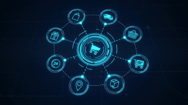 Dynamic digital commerce network visualizing essential online shopping services, from secure transactions to efficient delivery, representing a modern retail ecosystem