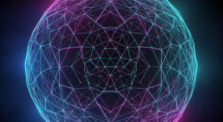 Abstract glowing neon wireframe sphere with intricate geometric patterns against a dark background.