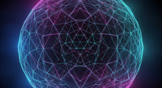 Abstract glowing neon wireframe sphere with intricate geometric patterns against a dark background.