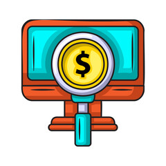 Computer Monitor Displaying Gold Coin With Dollar Sign Under Magnifying Glass In Flat Design Style