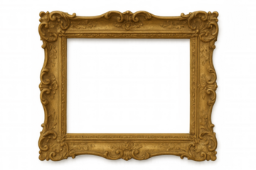 Ornate gold baroque vintage frame with rococo style elements, decorative border for design, artwork, and visual projects, transparent background