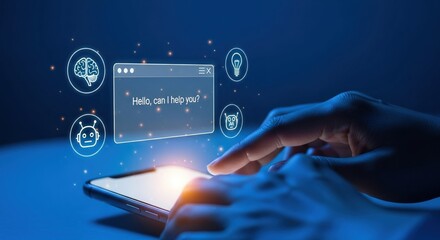 Hands using smartphone with floating chatbot window saying “Hello, can I help you”, glowing AI assistant icons, deep blue lighting, digital communication concept (11)jpeg