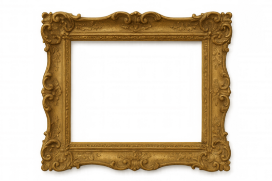 Ornate gold baroque vintage frame with rococo style elements, decorative border for design, artwork, and visual projects, transparent background