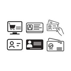 Collection of simple line art icons representing identification cards and online shopping cart