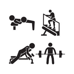 Four simple black silhouette icons depicting different gym exercises and fitness activities