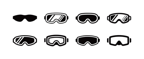 Ski and sport goggles icons set in black solid and outline style, protective eyewear symbols