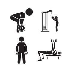 Four vector icons representing different exercises and fitness activities in a gym