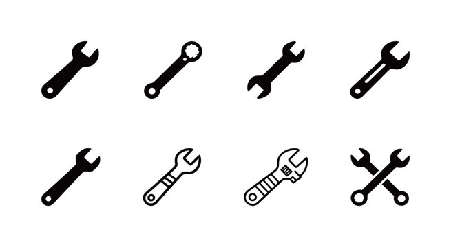 Wrench and spanner tool icons set in solid and line style for industrial and repair applications