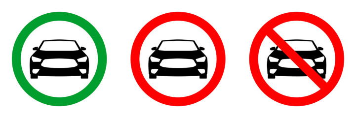 no car zone red circle sign, front view silhouette in green circle pictogram, allowed round vector icon