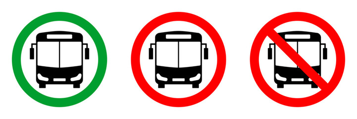 no bus zone red circle sign, front view silhouette in green circle pictogram, allowed round vector icon