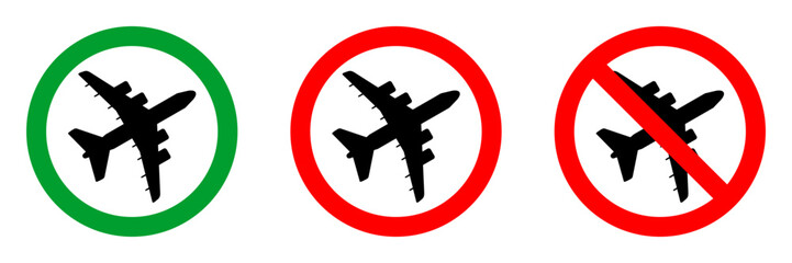 Obraz premium no flight zone red circle sign, front view silhouette in green circle pictogram, allowed round vector icon