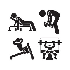 Set of four simple black and white icons representing different weightlifting exercises