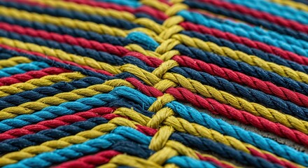 Vibrant Rope Weave: A detailed close-up of an intricately woven pattern using colorful ropes, showcasing texture, design, and craftsmanship. 